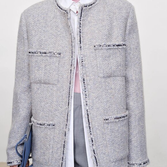 CHICJOC Handwoven Tweed Coat – Moonlight Grey with Night-Sky Sequin Fringe, Size - Picture 3 of 16